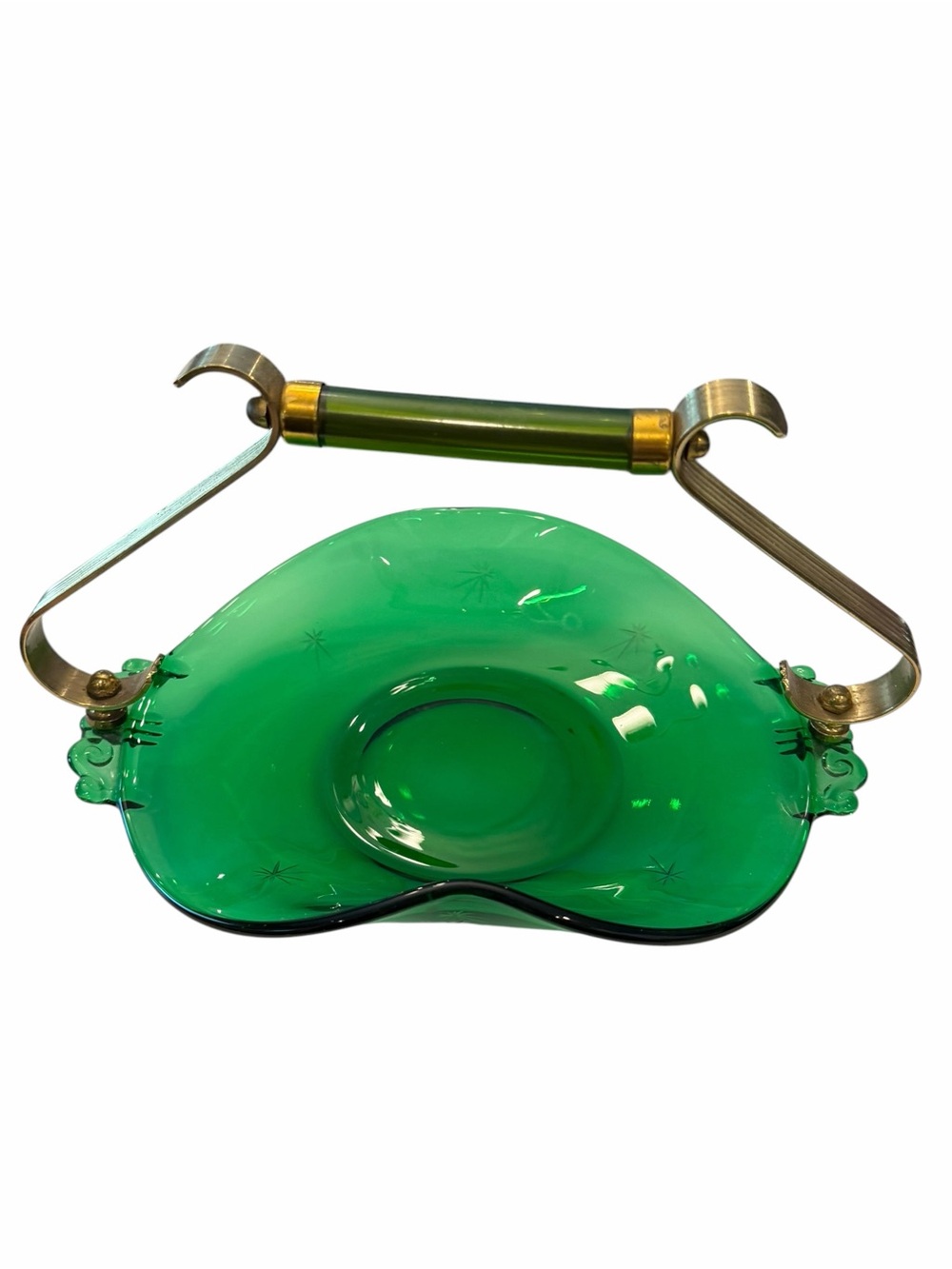 Vintage Paden City Emerald Glo Green‎ Glass Basket Bakelite Handle Mid Century